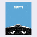 Illustration of a woman laying down in a field of grass, looking up at the blue night sky with a small crescent moon.  "Gravity" is written in bold, white font in top middle of the print.