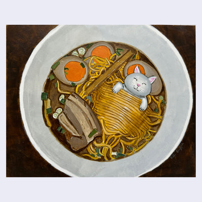 Horizontal oriented painting of a happy cartoon cat, sleeping in a bowl of ramen, using the noodles as a blanket and a soft boiled egg as a pillow. 