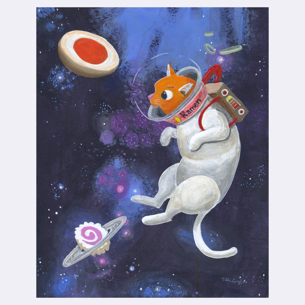 Painting of a cartoon style tabby cat floating in a deep space setting, in a white space suit. Around, are foods commonly found in ramen, such as chopped green onions, soft boiled eggs and fish cakes.