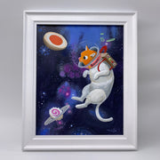 Painting in a white wooden frame of a cartoon style tabby cat floating in a deep space setting, in a white space suit. Around, are foods commonly found in ramen, such as chopped green onions, soft boiled eggs and fish cakes.