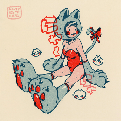 Blue and red risograph print on cream colored paper of a girl sitting on the ground in a red strapless one piece, smiling and looking off to the right. She has a large cat hood hat, large feet and hand gloves that are paws and a tail with a red bow on the end. Around her are small expressive cat faces, like cat emojis.
