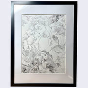"Onisan-1" in a thin, black wooden frame with white framing mat. For description of art piece, please refer to last image's alt text.