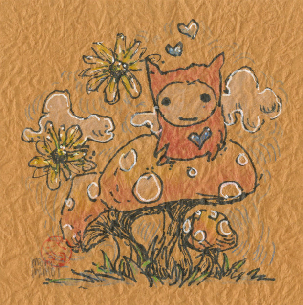 Pen and colored pencil drawing on textured orange paper of a cute monster creature sitting atop of a white spotted mushroom cluster, with detached flowers and clouds in the background.
