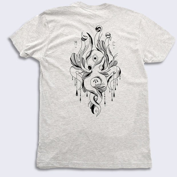 Back side of grey t-shirt. Large illustration of octopus waving its legs. Pendants drape down from some of its legs.