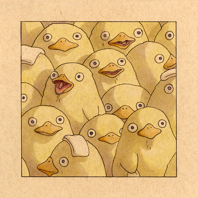 Illustration on brown toned paper of a cluster of large, round yellow ducks, many facing the viewer but some facing off to the side. 3 ducks have folded towels atop their head.
