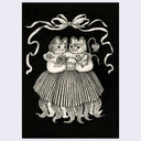 Ink illustration of a 2 headed cat wearing a large dress with tentacle legs, each holding a flower in their arms.
