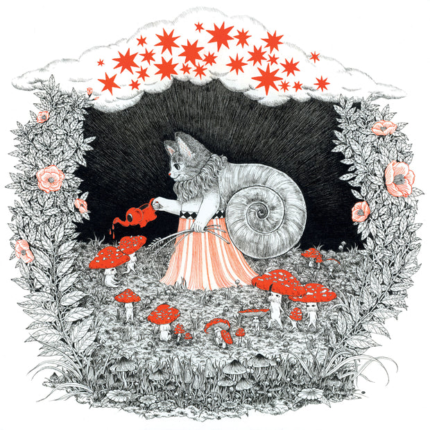 Fine line ink illustration of a cat with a snail shell on its back, standing in a field of grass and mushrooms, watering with a small elephant shaped watering can and holding some grain in the other paw. Central illustration is framed with various flora and a cloud overhead with orange stars. Drawing is all black and white with reddish orange detail accents.