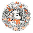 Black ink illustration on white paper with orange color accents of a dog, appearing from a circular framing of leaves and flowers. It holds up a stick like a staff, and has a small cat in an explorer's outfit riding atop its shoulder.
