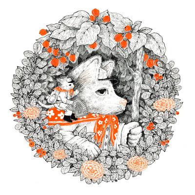 Black ink illustration on white paper with orange color accents of a dog, appearing from a circular framing of leaves and flowers. It holds up a stick like a staff, and has a small cat in an explorer's outfit riding atop its shoulder.