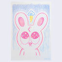 Color pencil illustration of a pink cartoon rabbit, looking up over its head. Over its head is a small cloud with a large lightning bolt coming out of it.