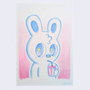 Color pencil illustration of a blue cartoon bunny with stars in their eyes. They look off to the side and drinks from a pink slushee cup.