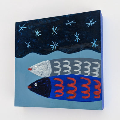 Illustration on panel of 2 simplified fish stacked atop of one another, a blue with red and a gray with white accents. They're in a body of wavy water with a simply drawn starry sky overhead.