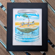 Illustration of a small island contained within a glass jar. Island has a windblown palm tree, an old man with a long beard, a book, a volleyball, crabs and an aircraft. Below the island swim many fish and 2 sharks. Piece is within a thick black frame.