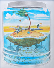 Illustration of a small island contained within a glass jar. Island has a windblown palm tree, an old man with a long beard, a book, a volleyball, crabs and an aircraft. Below the island swim many fish and 2 sharks.