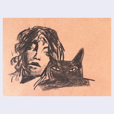 Charcoal portrait on tan paper of a woman with messy hair, looking at the viewer with a vacant stare. In front of her is a black cat with very simplified features.