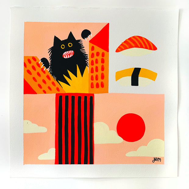 Painting on paper divided into 3 sections. Top right is of a cat-like monster with yellow eyes and sharp teeth clawing between two orange buildings. To the right, a piece of salmon nigiri and tamago nigiri. Below both scenes is a rectangle of peach colored sky with clouds and a red sun, with a tall red building and lots of windows.