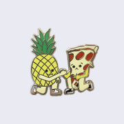 Enamel pin of a pineapple and a pizza, kneeling and clasping hands.