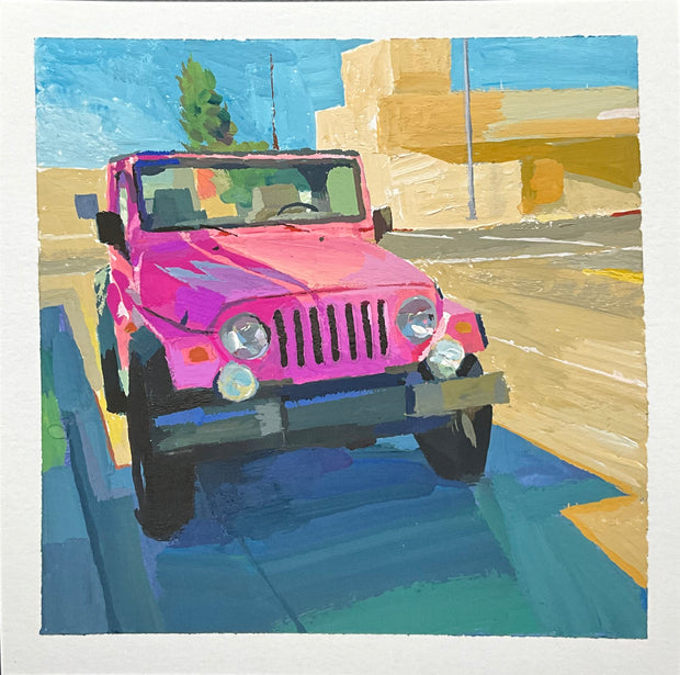 Plein air painting of a bright pink jeep, parking on the side of a street.