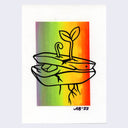 Black line art of two plant sprouts coming out of a hard rock. Background is a rectangle of blended rainbow color, on white paper.