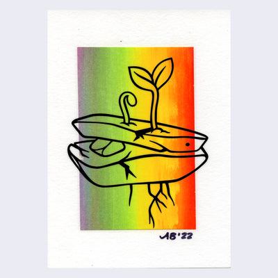 Black line art of two plant sprouts coming out of a hard rock. Background is a rectangle of blended rainbow color, on white paper.