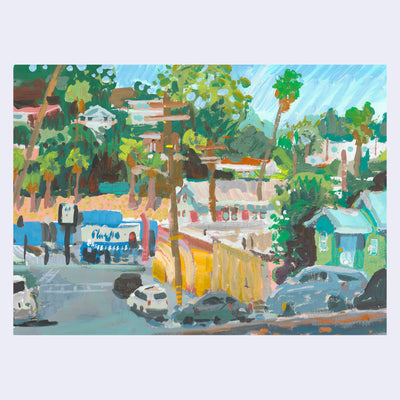 Plein air painting of a busy, sunny street with many buildings and cars parked on the side of the road. Palm trees fill the background.