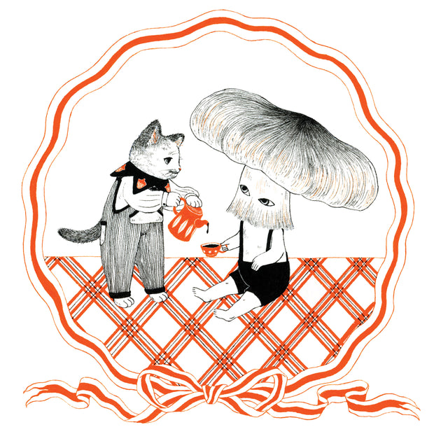 Illustration of a kind looking cat wearing pinstriped overalls, pouring coffee into a mug being held by a sitting figure with a large mushroom head.  They are positioned on a plaid orange and white flooring. A circular orange striped bow surrounds the piece.