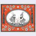 Fine line black ink illustration on bright orange panel, with the focal point encased in a decorative bordered oval in center of panel. 2 bunnies wearing dresses and flower crowns face each other and hold a connected chain of orange stars. Outside of the oval, are tassels on each side and decorative flowers on top and bottom.