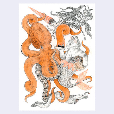 Ink drawing on white panel with orange accent coloring of a large octopus intertwined with a cat mermaid. The cat holds a small ship in one hand and a Nautilus under the other arm. A squid and an eel swim nearby with kelp.