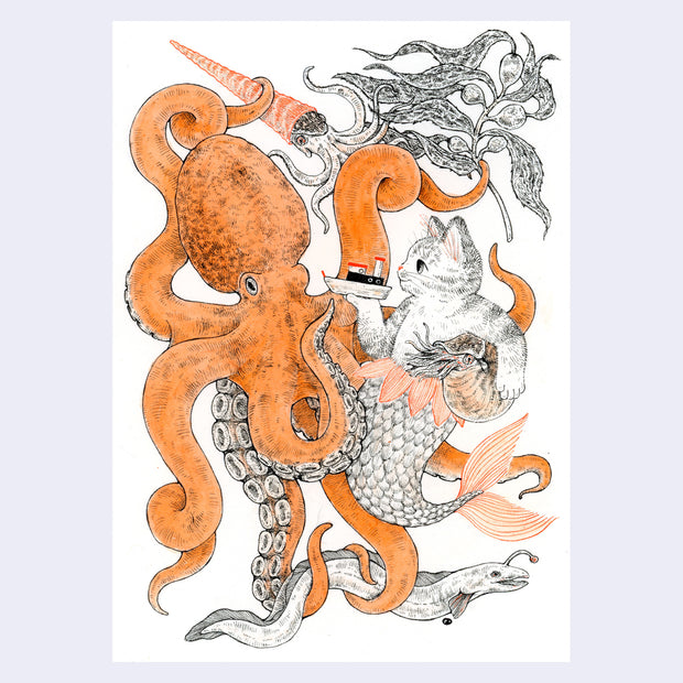 Ink drawing on white panel with orange accent coloring of a large octopus intertwined with a cat mermaid. The cat holds a small ship in one hand and a Nautilus under the other arm. A squid and an eel swim nearby with kelp.