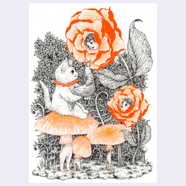 Ink drawing on white panel with orange color accents. A cat sits on a mushroom with legs, standing near 2 more mushrooms of the same kind. The cat holds a slug and looks at 2 large roses with woman's faces as the buds.