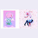 Open two page book spread of illustrations. Left page features pink haired girl facing away, wearing a space suit and a clear backpack with flowers in water. Right page shows two pink hair figures dancing, with constellations behind them.