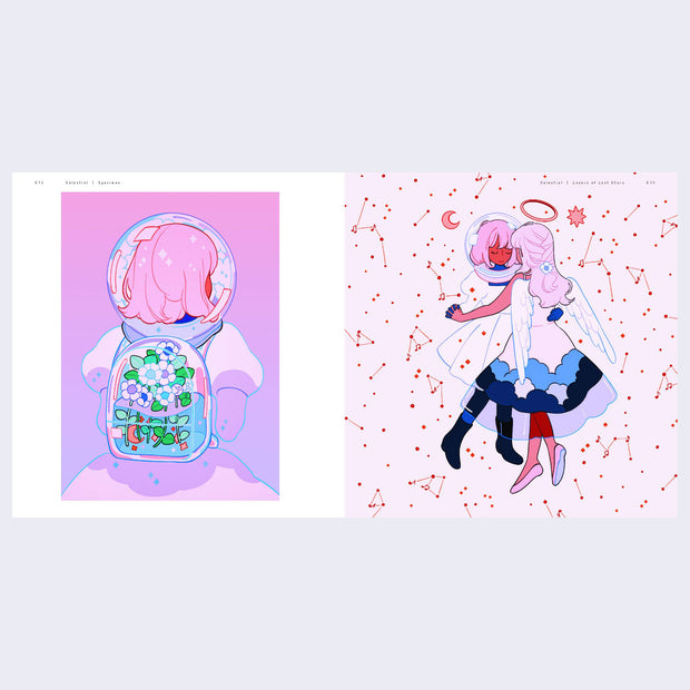 Open two page book spread of illustrations. Left page features pink haired girl facing away, wearing a space suit and a clear backpack with flowers in water. Right page shows two pink hair figures dancing, with constellations behind them.