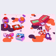 Open two page book spread, full illustration of various cats laying and walking on random items, such as a wallet, gum ball machine, capsule and register. 