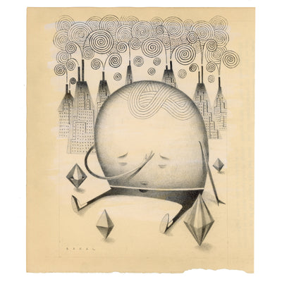 Graphite drawing of a large egg shaped character with skinny legs, sitting on the ground with their hand over their forehead in disappointment. Behind, is an outline of a city with swirl pattern smoke coming out of the buildings.