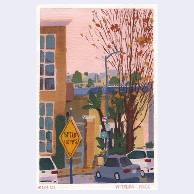 Plein air painting of a city street under a pink toned sky, with buildings in the background and a street sign that reads "Speed Humps"