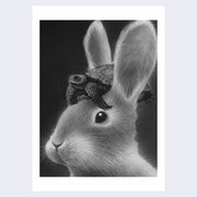 Finely rendered grayscale ink and graphite illustration of a rabbit looking up at a  small tortoise positioned atop its head.
