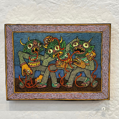 Illustrated wood cut rectangle with pink patterned border. 3 green goblins in matching outfits with monster heads as hands intertwine with one another, their red tongues winding around the scene. 