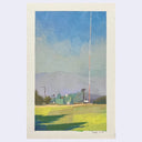 Plein air painting of a open field with a very large radio antenna and a solar disk.
