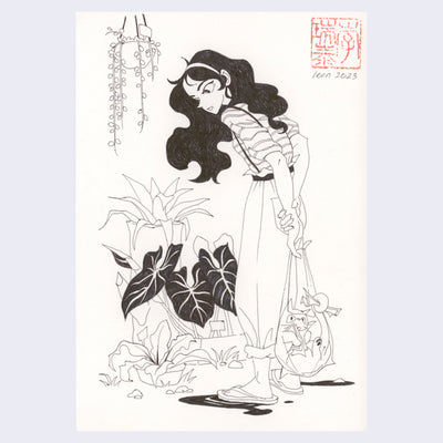 Ink drawing of a wavy haired woman, looking at many potted plants. She holds a shopping bag with a cat curled up inside of it.