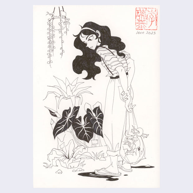 Ink drawing of a wavy haired woman, looking at many potted plants. She holds a shopping bag with a cat curled up inside of it.