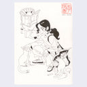 Ink drawing of a woman, crouching down and petting a cat while another one looks through her open bag. In the background is a cat sitting on a chair reading a newspaper.