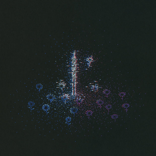 Blue, pink and white illustration on black paper of a thin ominous figure splitting into two, like a digital glitch. They stand in a field of flowers, which also appears to be glitching out.