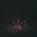 Red and white ink drawing on black paper of a shadowy figure standing in a field of flowers.