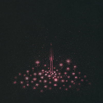 Red and white ink drawing on black paper of a shadowy figure standing in a field of flowers.
