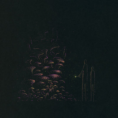 Yellow and purple pointillism style drawing on black paper of two slim figures standing with their backs facing the viewer, one holds a flashlight. The light shines on a large conglomeration of many mushrooms.