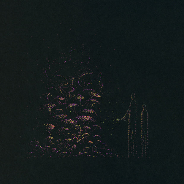 Yellow and purple pointillism style drawing on black paper of two slim figures standing with their backs facing the viewer, one holds a flashlight. The light shines on a large conglomeration of many mushrooms.