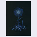 Blue ink illustration on black paper of a figure standing under a large spark flower.