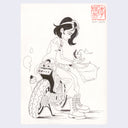 Ink drawing of a woman, sitting on a parked motorcycle with a cat riding on the back.