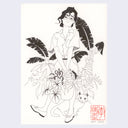 Ink drawing of a woman with glasses, holding a basket full of blooming plants with small palm trees in the background. A small cat stands by her feet.