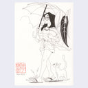 Ink drawing of a woman, wearing shorts, sandals and holding an open umbrella. In her other hand is a potted plant and a small cat follows behind her.